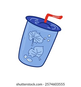 Water cup with straw in flat design. Cold mojito beverage with leaf. Vector illustration isolated.