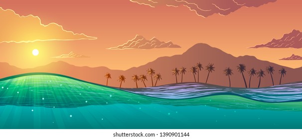 Water cut with sun rays and bubbles and tropical landscape. Palm trees and mountains on ocean shore at sunset.