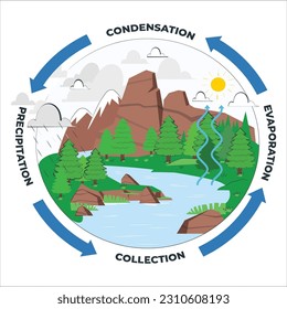 Water cycle diagram. The natural flow of water from evaporation condenses and rains on the mountains that flow into the sea. the hydrological cycle process visually for learning course.