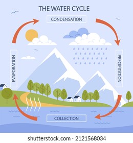 Water cycle infographic. Ecosystem concept. Water recycle, evaporation, condensation ecology diagram. Groundwater, water cycle. Hydrologic landscape. Geography school scheme. Vector illustration.