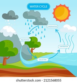 Infografik zum Wasserkreislauf. Ökosystemkonzept. Wasserrecycling, Verdunstung, Kondensationökologie-Diagramm. Grundwasser, Wasserkreislauf. Hydrologische Landschaft. Geografisches Schulprogramm. Vektorgrafik.