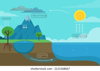 Water cycle infographic. Ecosystem concept. Water recycle, evaporation, condensation ecology diagram. Groundwater, water cycle. Hydrologic landscape. Geography school scheme. Vector illustration.