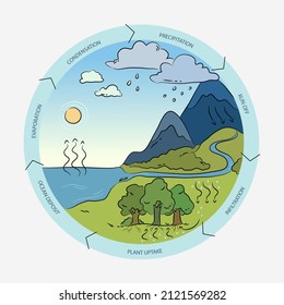 Infografik zum Wasserkreislauf. Ökosystemkonzept. Wasserrecycling, Verdunstung, Kondensationökologie-Diagramm. Grundwasser, Wasserkreislauf. Hydrologische Landschaft. Geografisches Schulprogramm. Vektorgrafik.