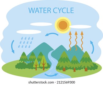 Water cycle infographic. Ecosystem concept. Water recycle, evaporation, condensation ecology diagram. Groundwater, water cycle. Hydrologic landscape. Geography school scheme. Vector illustration.