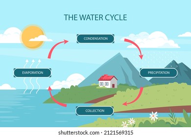 Water cycle infographic. Ecosystem concept. Water recycle, evaporation, condensation ecology diagram. Groundwater, water cycle. Hydrologic landscape. Geography school scheme. Vector illustration.