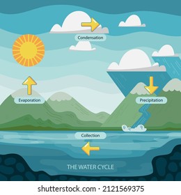 Water cycle infographic. Ecosystem concept. Water recycle, evaporation, condensation ecology diagram. Groundwater, water cycle. Hydrologic landscape. Geography school scheme. Vector illustration.