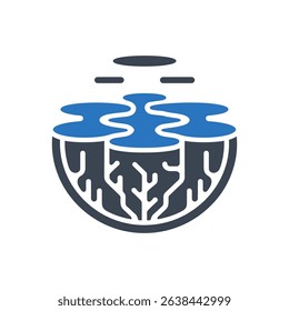 Water cycle with roots in a closed ecosystem icon.