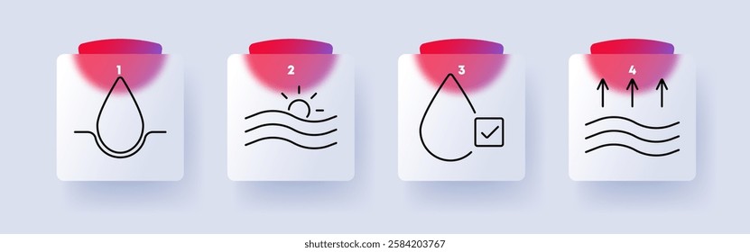 Water cycle set icon. Water absorption, ocean waves, filtration check, evaporation, nature, climate, environment, ecosystem