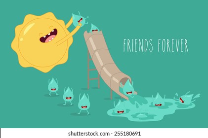 The water cycle. Sun and rain. Vector cartoon. Friends forever. Comic characters. You can use in the menu, in the shop, in the bar, the card or stickers. Easy to edit. 