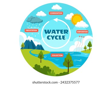 Ilustración del vector del ciclo del agua con la evaporación, condensación, precipitación a la colección en el ambiente natural de la tierra en fondo plano de la historieta