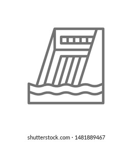 Water dam, hydro power plant, hydroelectric station line icon.