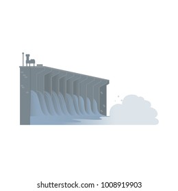 Water dam, hydroelectric power generator, flat vector illustration isolated on white background. Flat style image of hydroelectric dam, part of sustainable energy production plant
