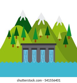 water dam and mountains landscape. colorful design. vector illustration