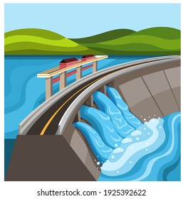 Water Dam Reservoir, Hydroelectric Station Plant Illustration Cartoon Vector