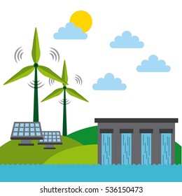 water dam, solar panel and wind turbines  over green landscape. colorful design. vector illustration