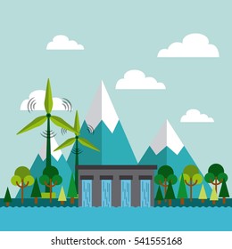 water dam and wind turbines on mountain landscape. colorful design. vector illustration