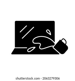 Water damage black glyph icon. Drink spilled on keyboard. Accident with electronics. Liquid on notebook. Wet laptop. Hardware problem. Silhouette symbol on white space. Vector isolated illustration