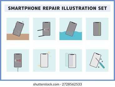 Wasserschaden, Störung, Aufladung, Rissbildschirm, Smartphone Reparatur Illustration Materialsatz