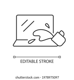 Water damage linear icon. Drink spilled on keyboard. Office accident with electronics. Thin line customizable illustration. Contour symbol. Vector isolated outline drawing. Editable stroke