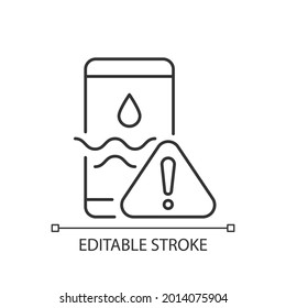 Water damage linear icon. Fix liquid damaged mobile phone. Drop smartphone into water. Thin line customizable illustration. Contour symbol. Vector isolated outline drawing. Editable stroke