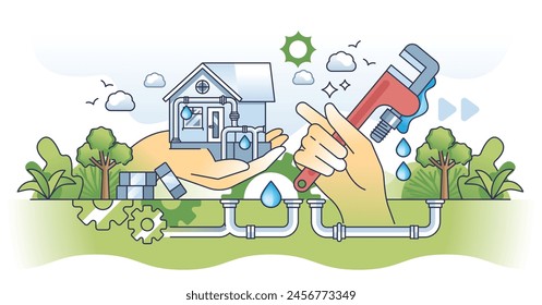 Water damage repair and fix faucet or wc pipe leakage outline hands concept. Professional inspection to check pipeline leaks and broken sewage system vector illustration. Plumber occupation and work.