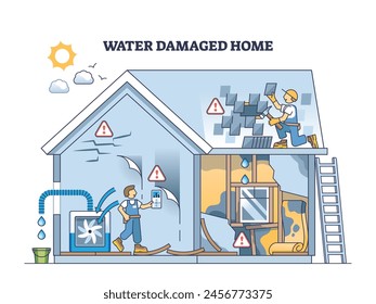 Water damaged home after broken pipe accident and leakage outline concept. Emergency plumbing disaster with damaged walls, floor and roof vector illustration. Mold moisture detection and collecting.