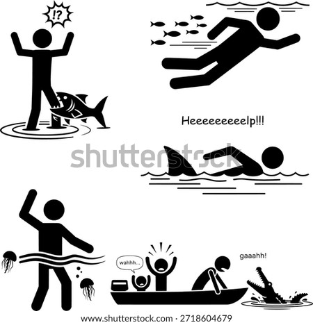 Water Danger and Animal Attack Icon Set, Swimming Safety Stick Figure Vector