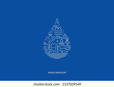 El concepto de día del agua. logotipo de agua. arte de agua vectorial. el agua cae aislada en un fondo azul.