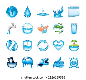 water day, planet and drops icons set