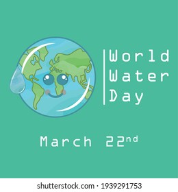 Water day poster with a happy earth planet cartoon - Vector illustration