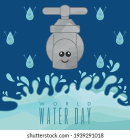 Water day poster with a happy water tap cartoon - Vector illustration