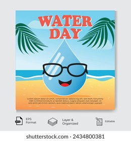 Water day social media post template. Water drop wearing sunglass vector illustration . 