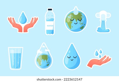 Pegatinas del Día del Agua. Colección de elementos para el sitio web. Atención a la naturaleza y ecología, limpieza e higiene. Clima y calentamiento. Ilustraciones del vector plano de dibujos animados aisladas en fondo azul