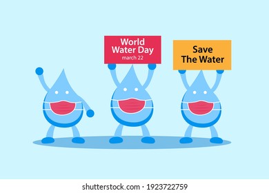 Water day vector concept: Water drop showing world water day text while wearing face mask