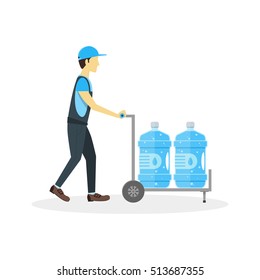 Water Delivery Boy or Man. Plastic Bottles in Cart. Flat Design Style Vector illustration of delivering clear health waters bottle in home. Young Cartoon Man Holding Trolley