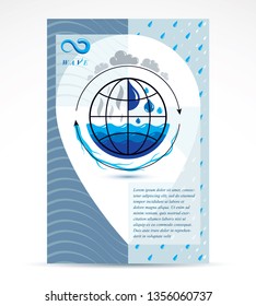 Water delivery business corporative flyer template. Graphic vector illustration. Global water circulation conceptual design, blue planet.