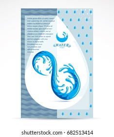 Water delivery business corporative flyer template for use in mineral water advertising. Graphic vector illustration. Ocean wave splash idea.