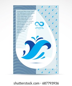 Water delivery business corporative flyer template for use in mineral water advertising. Graphic vector illustration. Ocean wave splash idea.