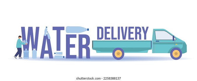 Water delivery composition of flat text among icons of bottles and worker loading them onto truck vector illustration