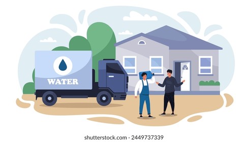 Water delivery concept. Cartoon characters with mineral water bottle and tank, online delivery service of clean drink. Vector isolated illustration. Deliveryman shipping pure liquid in containers