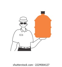 Water delivery concept. Deliveryman. holding a bottle of water in his hands. Linear modern style.