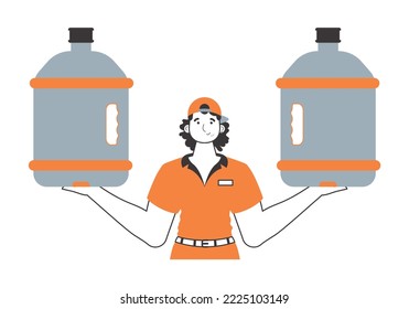 Concepto de abastecimiento de agua. ¡Traición! con una gran botella de agua en la mano. Estilo moderno lineal.
