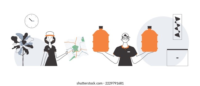Water delivery concept. A girl and a guy deliver water on demand. Linear modern style.