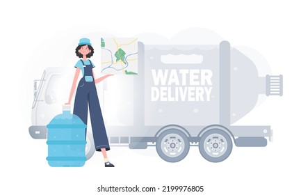 Water delivery concept. The girl is holding a map. Stylish character is depicted in full growth. Vector illustration.