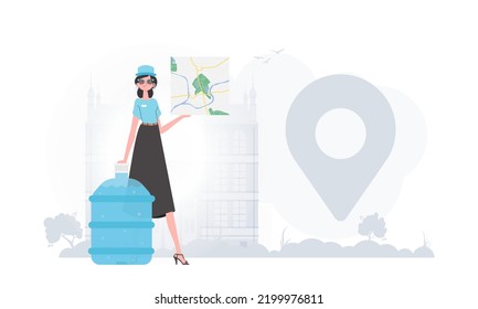 Water delivery concept. The girl is holding a map. Cartoon style character depicted in full growth. Vector illustration.