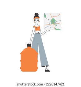 Water delivery concept. The girl is holding a map. Linear modern style. Isolated, vector illustration.