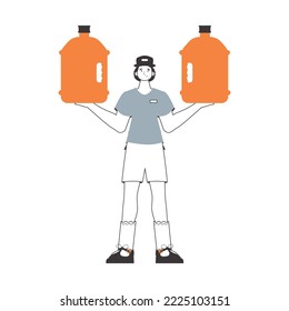 Concepto de abastecimiento de agua. Un tipo con una gran botella de agua en sus manos. Estilo de moda lineal.