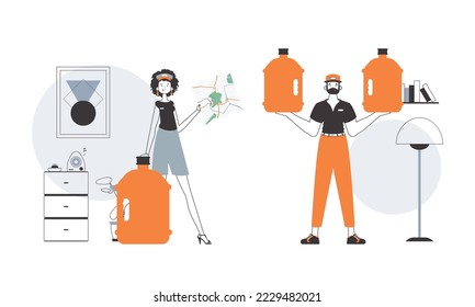 Water delivery concept. A guy and a girl deliver water on order. Lineart style.