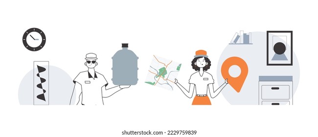 Water delivery concept. The guy and the girl deliver water to the house. Linear style.