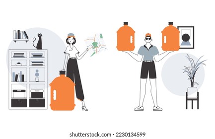 Water delivery concept. A guy and a girl deliver water on order. Linear modern style.
